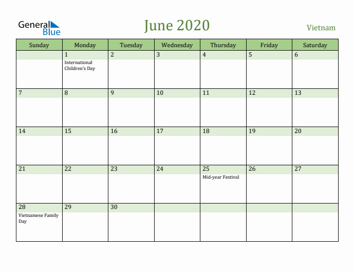 June 2020 Calendar with Vietnam Holidays