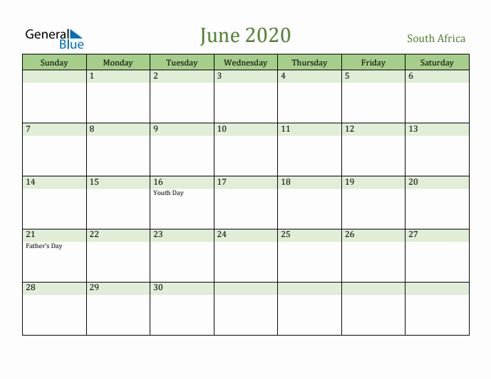 June 2020 Calendar with South Africa Holidays