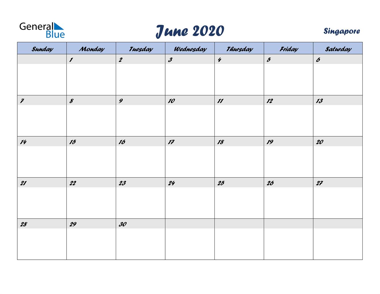 June 2020 Calendar - Singapore