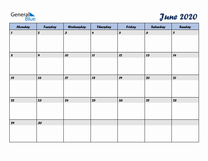 June 2020 Blue Calendar (Monday Start)