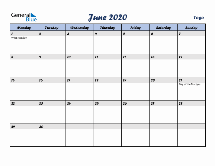 June 2020 Calendar with Holidays in Togo