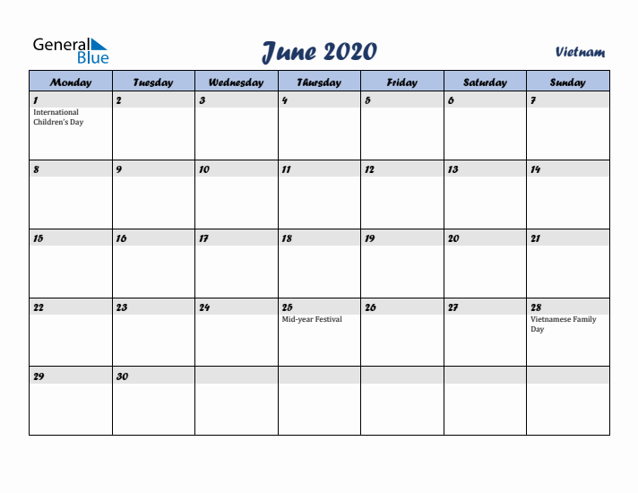 June 2020 Calendar with Holidays in Vietnam