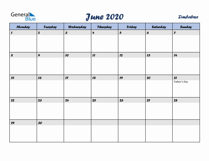 June 2020 Calendar with Holidays in Zimbabwe