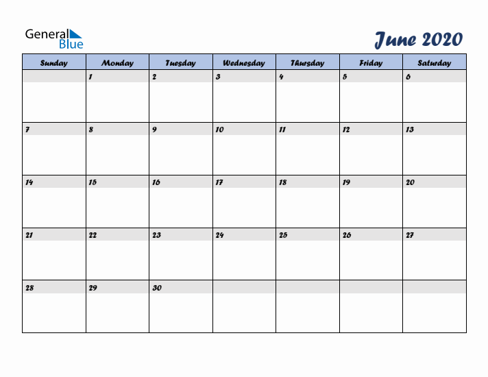 June 2020 Blue Calendar (Sunday Start)
