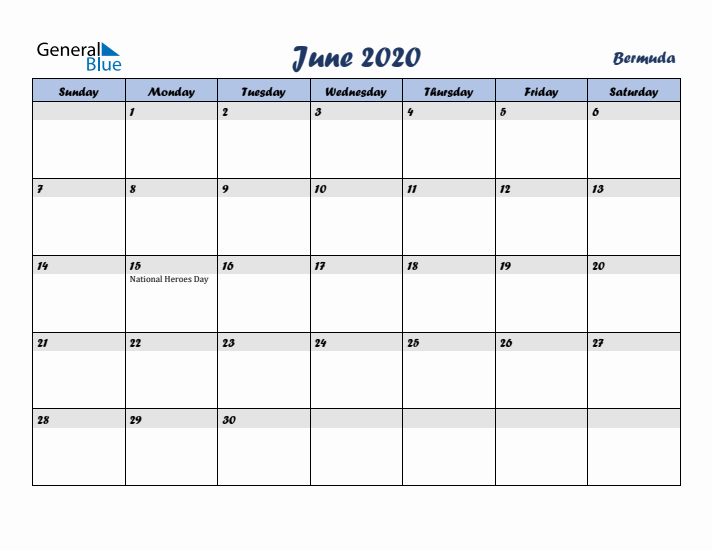 June 2020 Calendar with Holidays in Bermuda