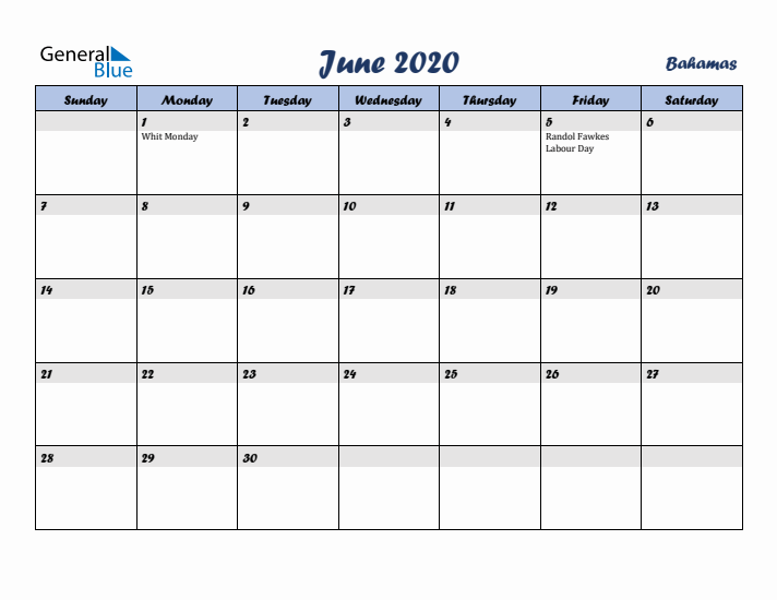June 2020 Calendar with Holidays in Bahamas
