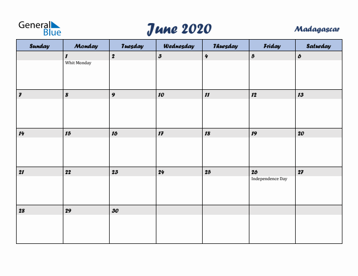 June 2020 Calendar with Holidays in Madagascar