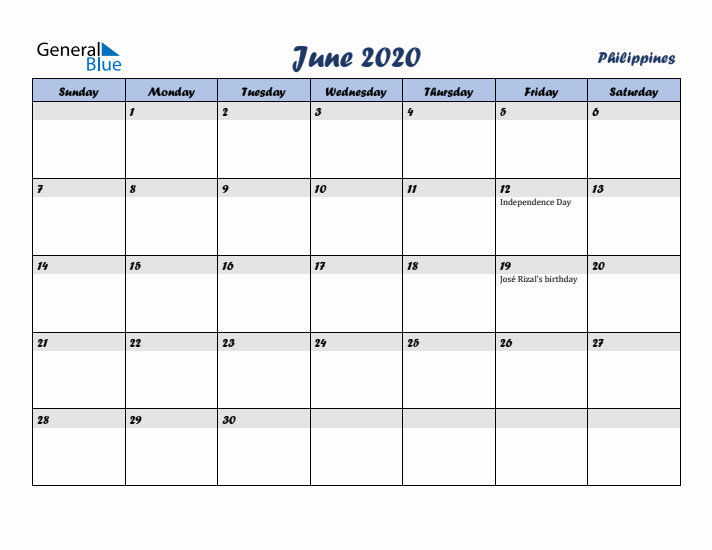 June 2020 Calendar with Holidays in Philippines