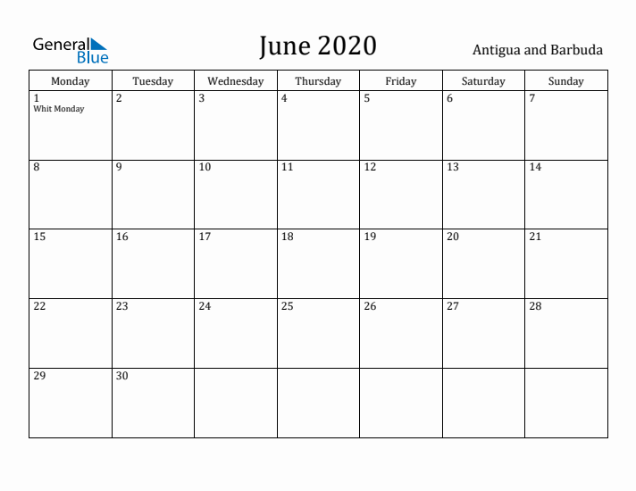 June 2020 Calendar Antigua and Barbuda