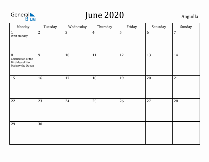 June 2020 Calendar Anguilla