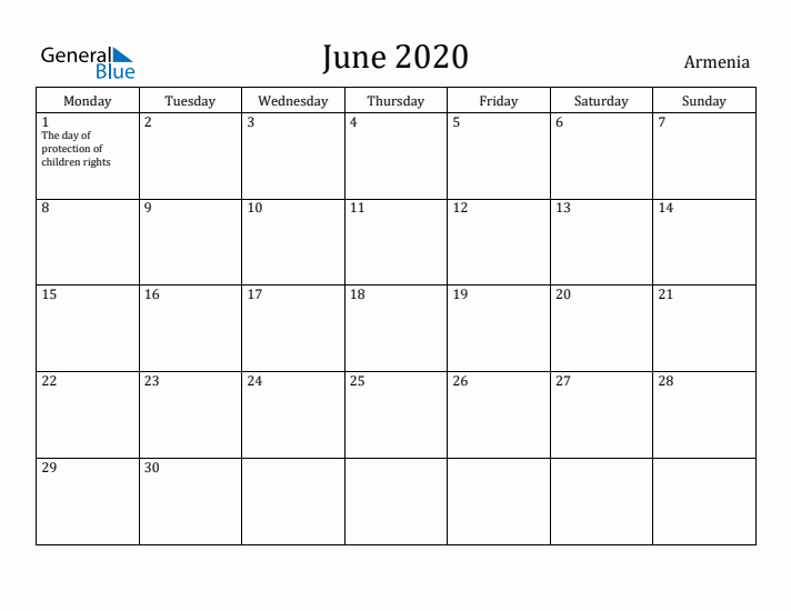June 2020 Calendar Armenia
