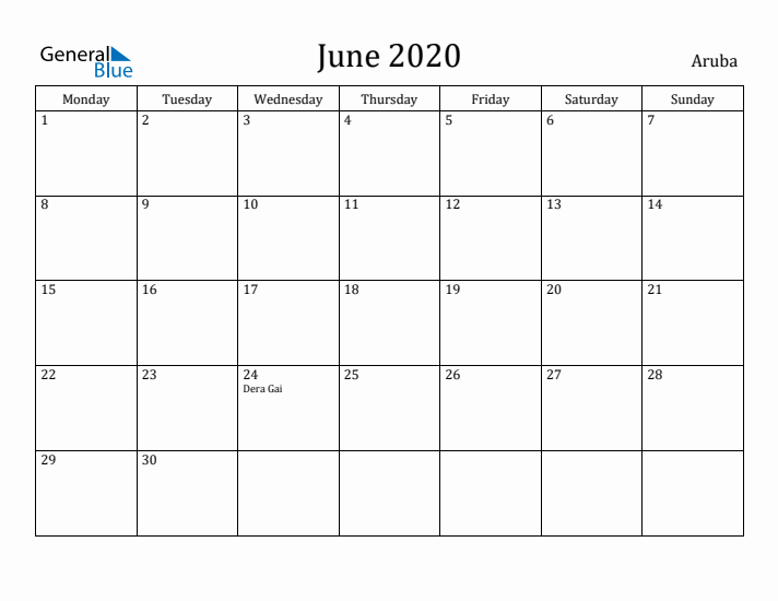June 2020 Calendar Aruba