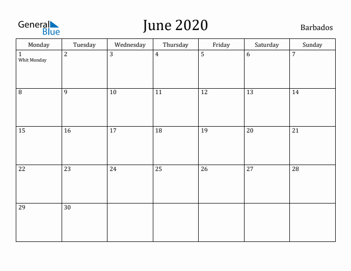 June 2020 Calendar Barbados