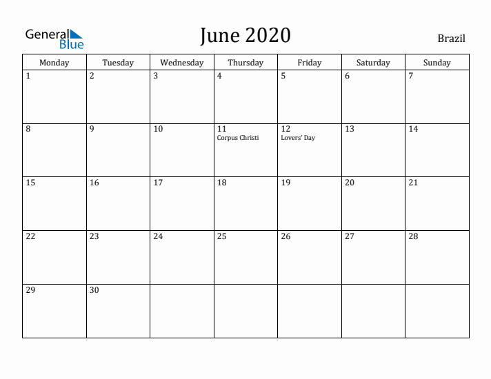 June 2020 Calendar Brazil