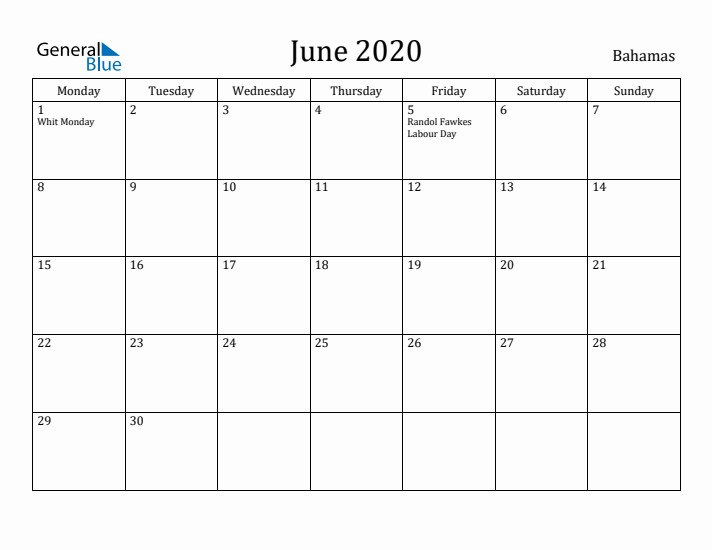 June 2020 Calendar Bahamas