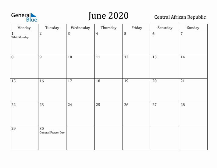 June 2020 Calendar Central African Republic