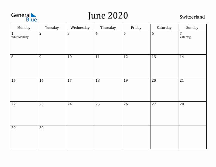 June 2020 Calendar Switzerland