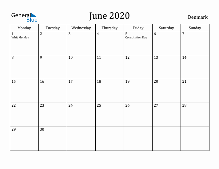 June 2020 Calendar Denmark