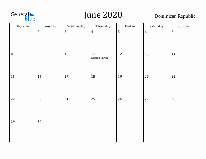 June 2020 Calendar Dominican Republic