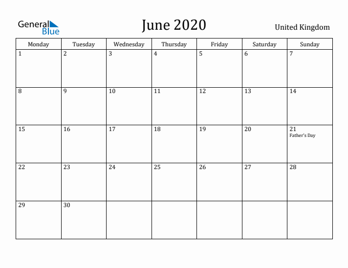 June 2020 Calendar United Kingdom