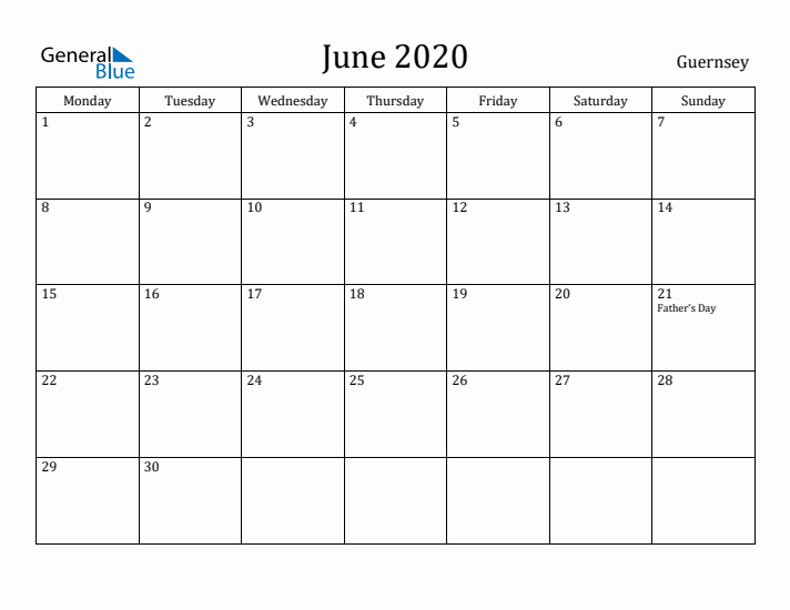June 2020 Calendar Guernsey