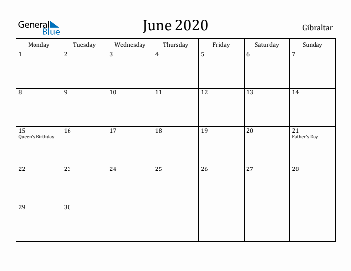 June 2020 Calendar Gibraltar