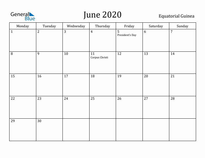 June 2020 Calendar Equatorial Guinea
