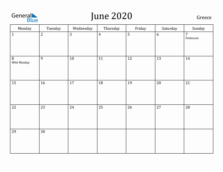 June 2020 Calendar Greece