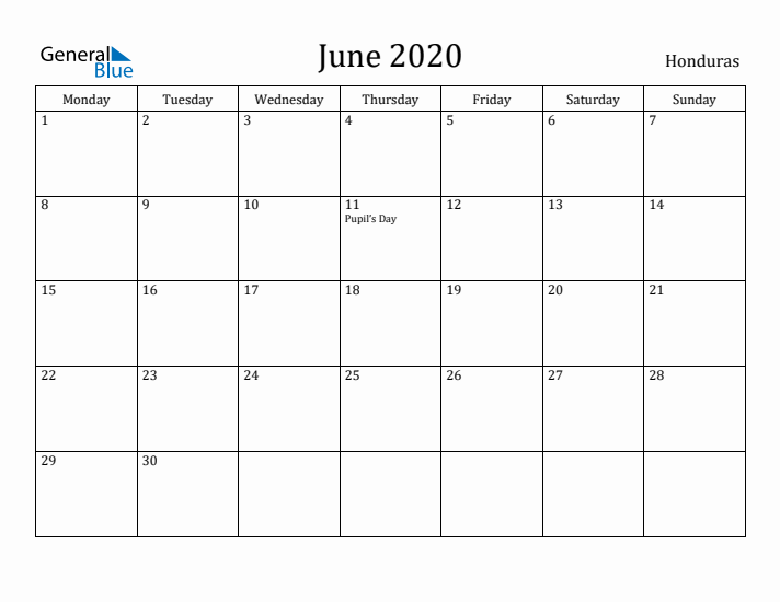 June 2020 Calendar Honduras