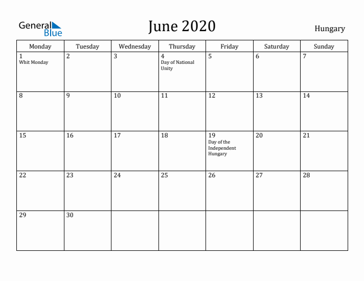 June 2020 Calendar Hungary