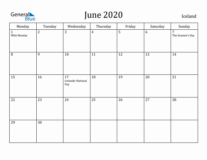 June 2020 Calendar Iceland