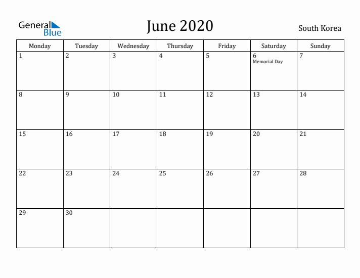 June 2020 Calendar South Korea