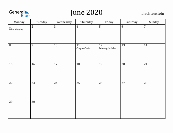 June 2020 Calendar Liechtenstein