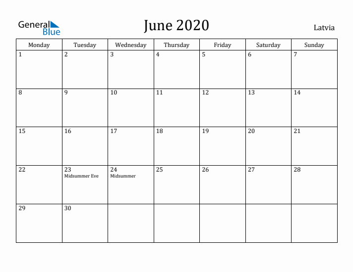 June 2020 Calendar Latvia