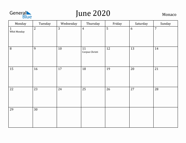 June 2020 Calendar Monaco