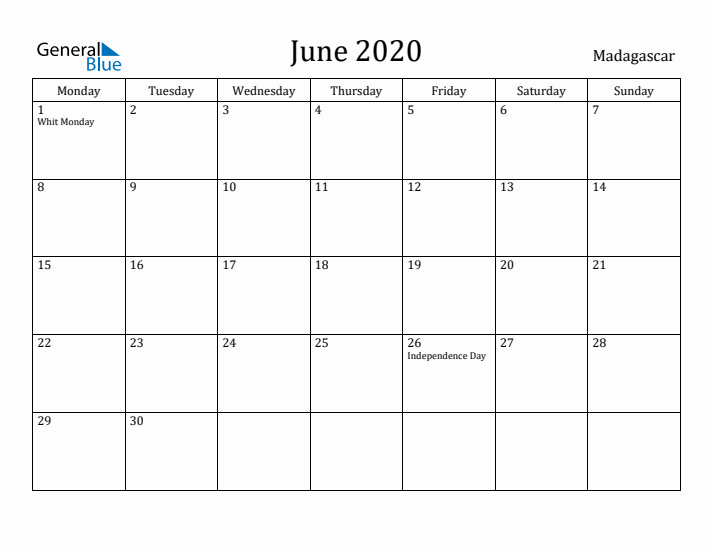 June 2020 Calendar Madagascar
