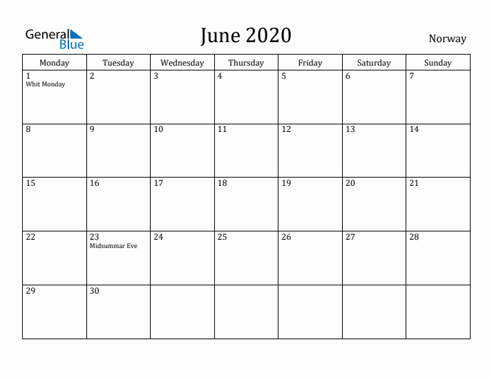 June 2020 Calendar Norway