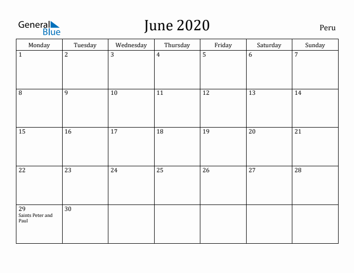 June 2020 Calendar Peru