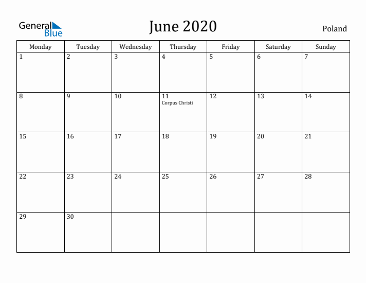 June 2020 Calendar Poland