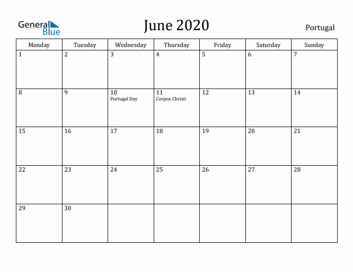 June 2020 Calendar Portugal