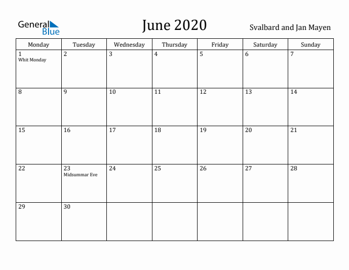 June 2020 Calendar Svalbard and Jan Mayen