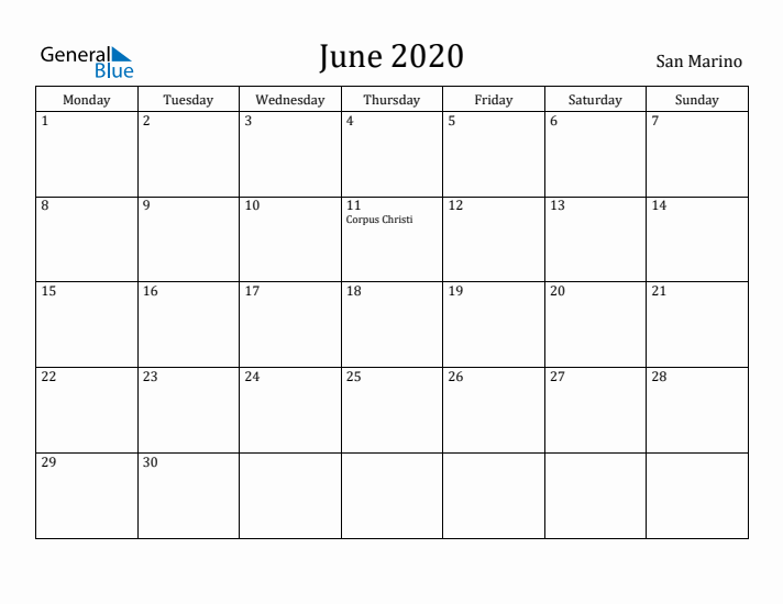 June 2020 Calendar San Marino