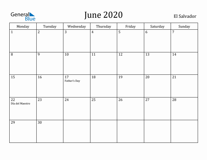 June 2020 Calendar El Salvador