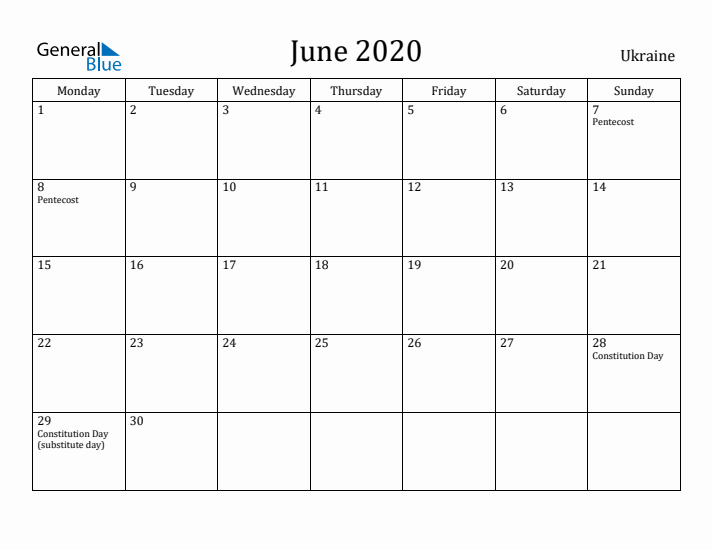 June 2020 Calendar Ukraine