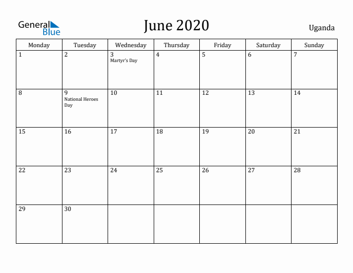 June 2020 Calendar Uganda