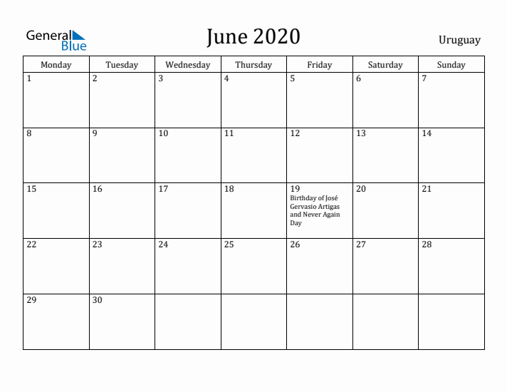 June 2020 Calendar Uruguay