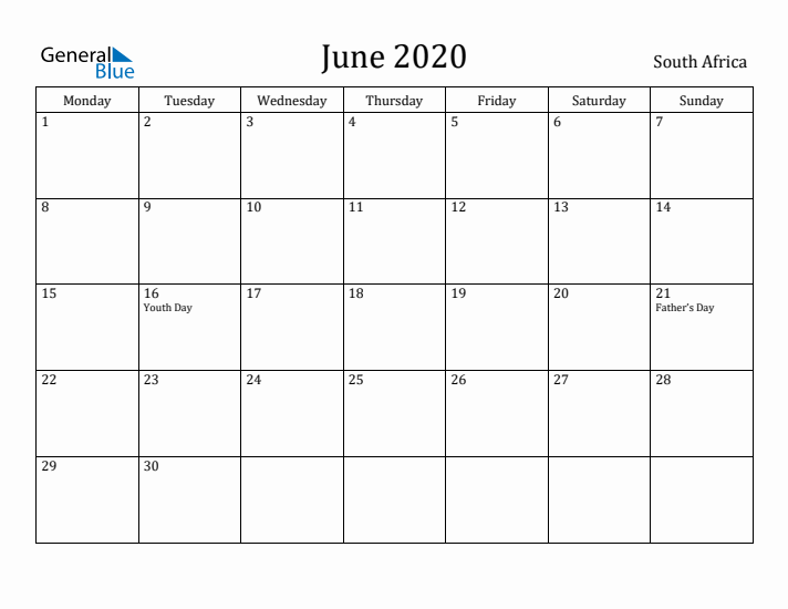 June 2020 Calendar South Africa