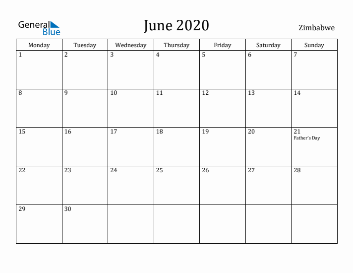 June 2020 Calendar Zimbabwe