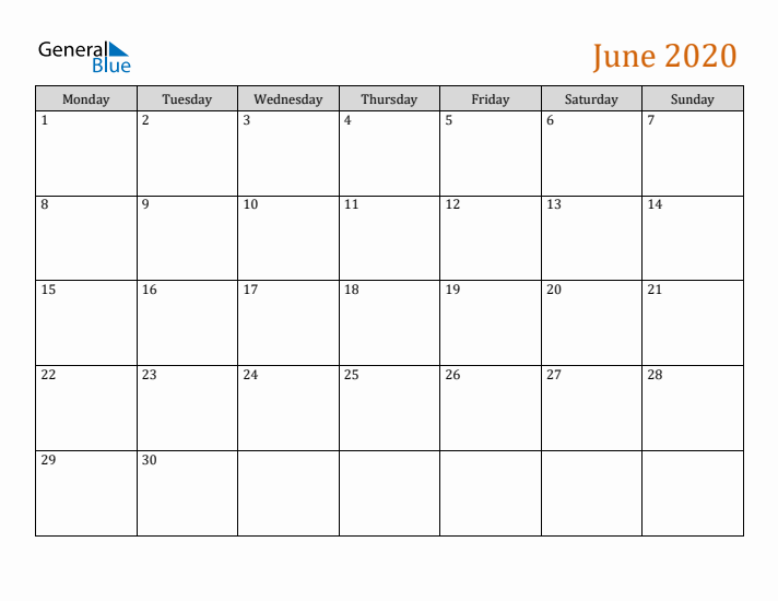 Editable June 2020 Calendar