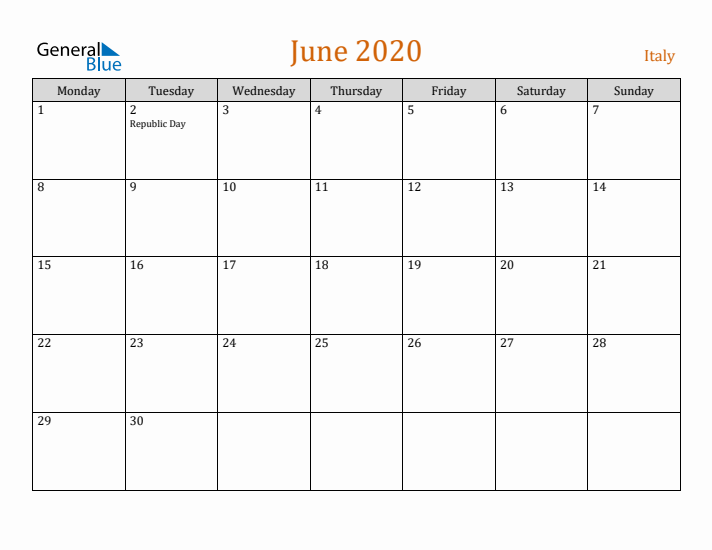 June 2020 Holiday Calendar with Monday Start